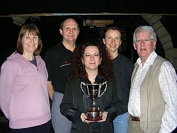 Four of the cast - Joyce Liggins, Peter Buller, Rachel Smith, Debbie Forsyth p with writer/director Nevin Ward and the Michael Wade cup